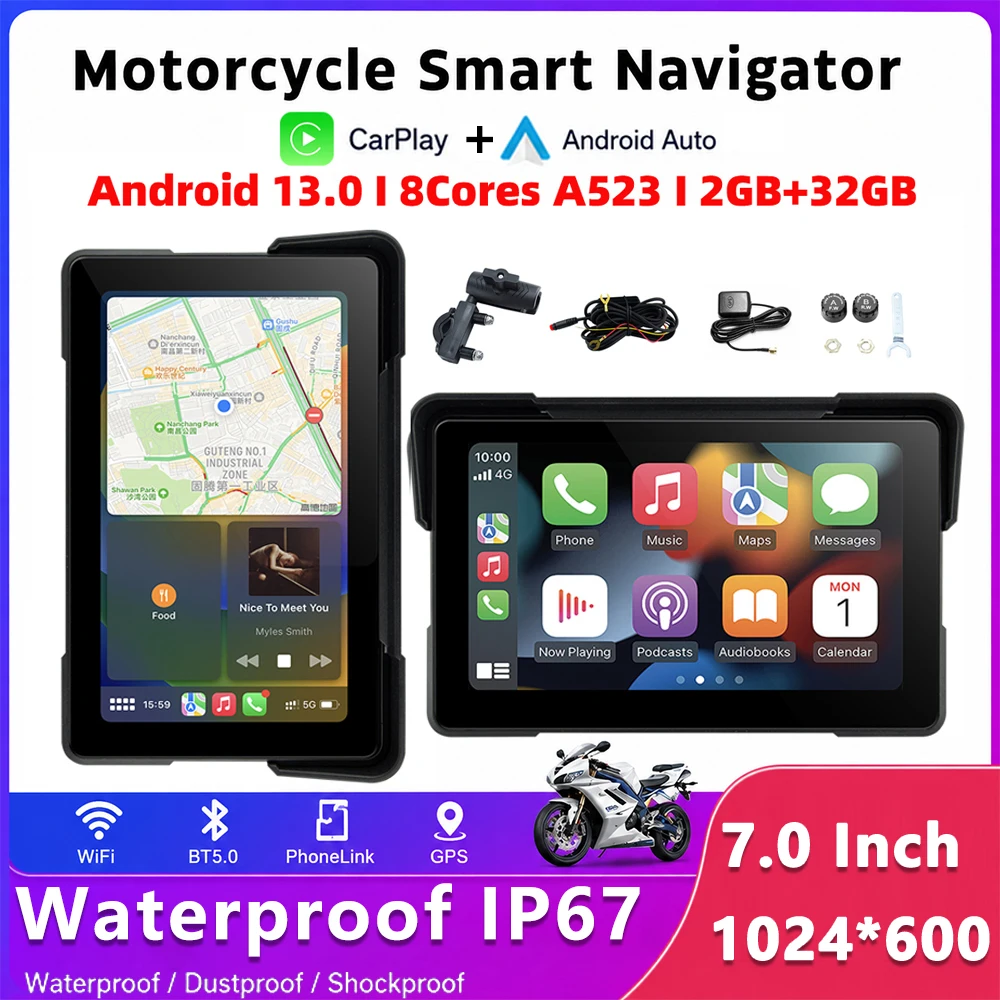 7.0 Inch Moto Wireless CarPlay Android Auto Android 13.0 Portable Digital Dashboard GPS Motorcycle Navigation Display Screen