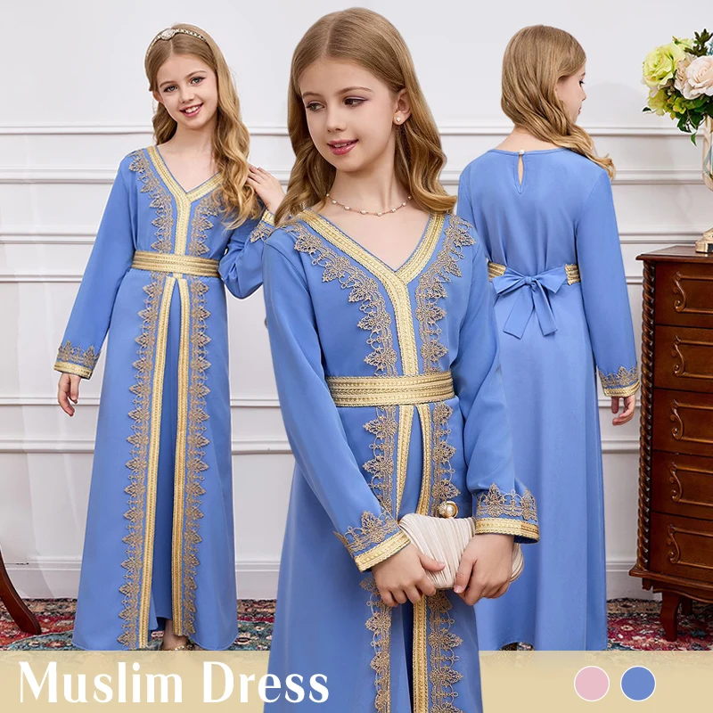  ชุดเดรสเด็กผู้หญิงมุสลิมแบบอาบายะห์ ชุดคลุมแบบอิสลามสไตล์ดูไบ แขนยาว คอวี ชุดละหมาดแบบอาหรับ ชุดคาฟตันพร้อมเข็มขัด ชุดสำหรับงานปาร์ตี้ เสื้อผ้ามุสลิม