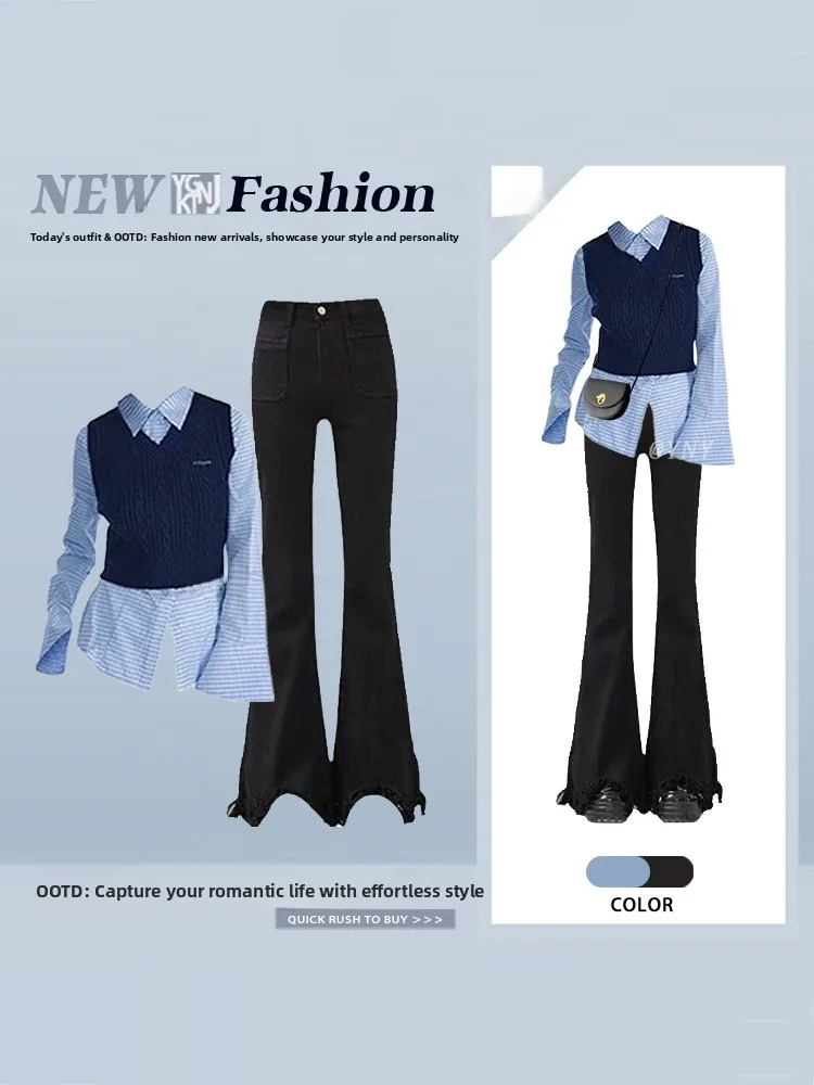 

Korean Style Blue Plaid Shirt Knitted Vest Flared Jeans Spring Fashion Set Women's High Waist Long Sleeve Collar Ensemble