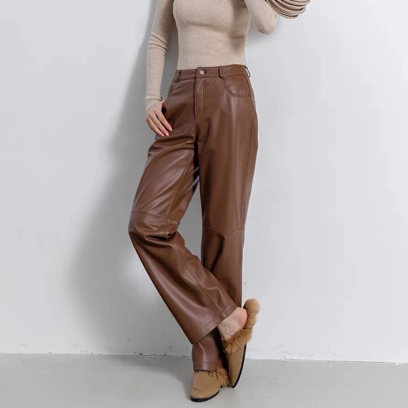 2024 Leather Long Pants Women New Commuter Waist Slim Sheepskin Wide Leg Full Length Straight Cylinder Trousers