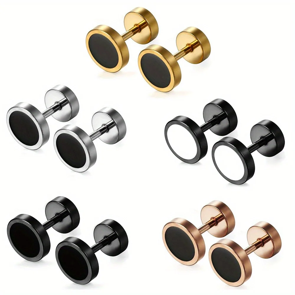 2pcs Unisex Punk Stainless Steel Simple Drip Oil Double Side Barbell Dumbbell Round Stud Earrings for Men Women Hip Hop Jewelry