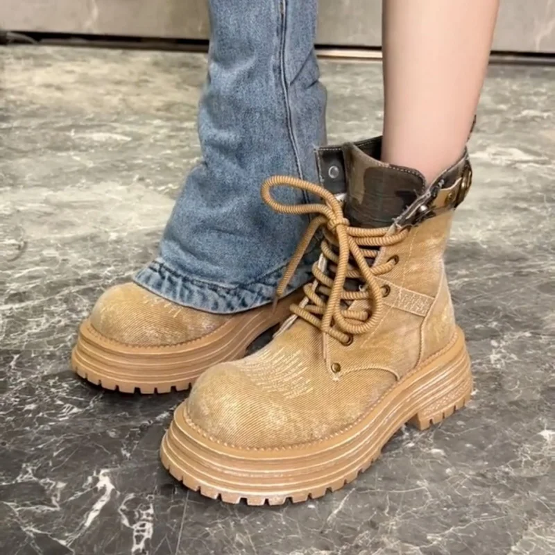 

Korean Style Denim Boots Retro Fashion Breathable Short Boots Summer Thick-Soled Women's Workwear Trendy Boots