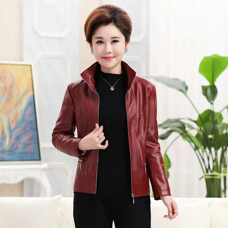 Mantel wanita Korea, mantel atasan kulit PU wanita usia sedang, jaket kulit PU, pakaian luar ramping, musim semi, musim gugur, baru, 2024