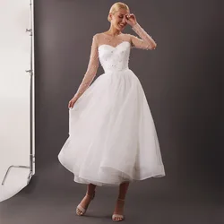 Wedding Dress 2023 Pearls O Neck Illusion Tea Length Short Bridal Dress White Tulle A Line Simple Midi Wedding Gown Long Sleeves