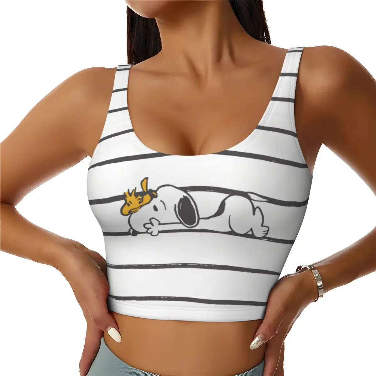 Niestandardowe damskie biustonosze sportowe Snoopy & Woodstock Smile Giggle Laugh Cartoon Comic Dog High Impact Gym Workout Running Crop Tank Tops