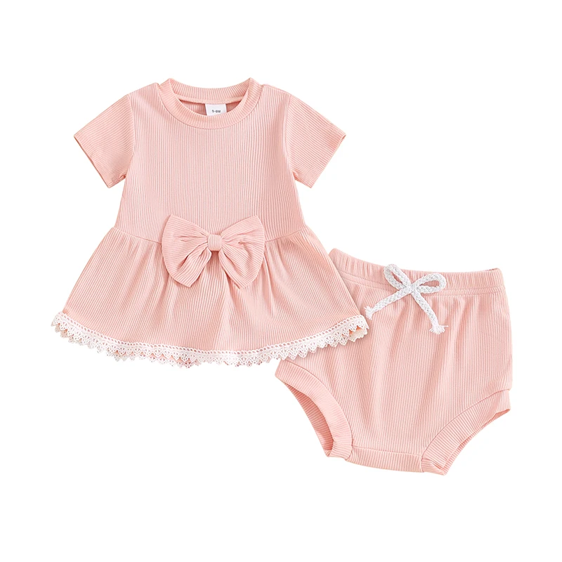 

Baby Girls Summer Outfits Short Sleeve Lace Trim Hem T-Shirt with Solid Ribbed Shorts 2 Pcs Summer Set