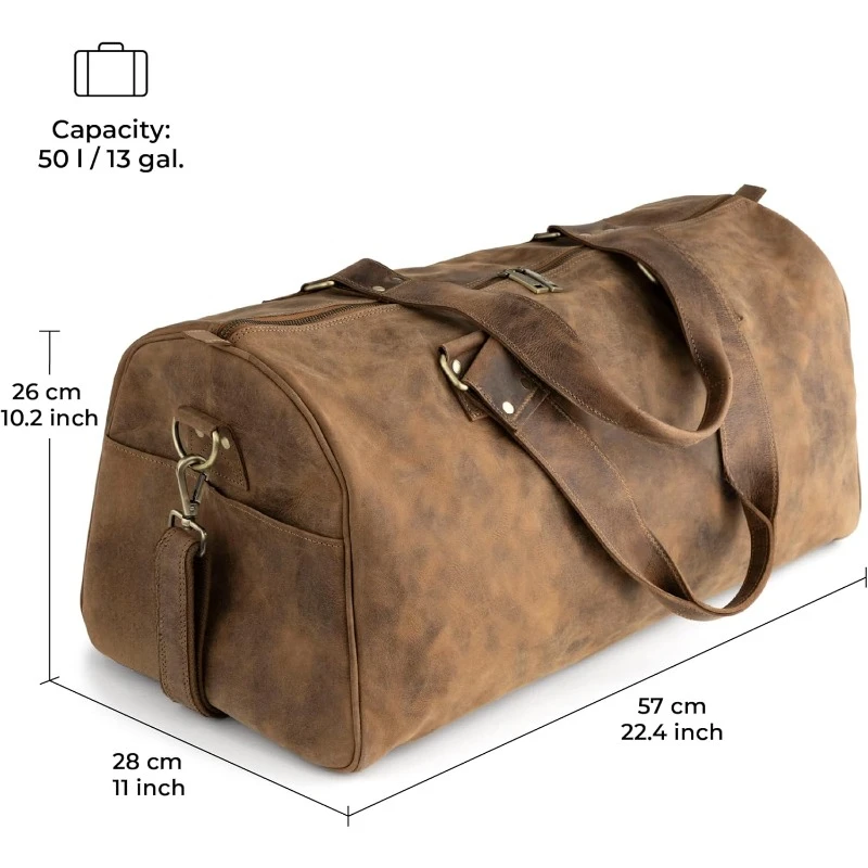 Leather Duffle Bag, Weekender with Shoe Compartment, Travel or Gym Bag for Men and Women - Hunter Brown