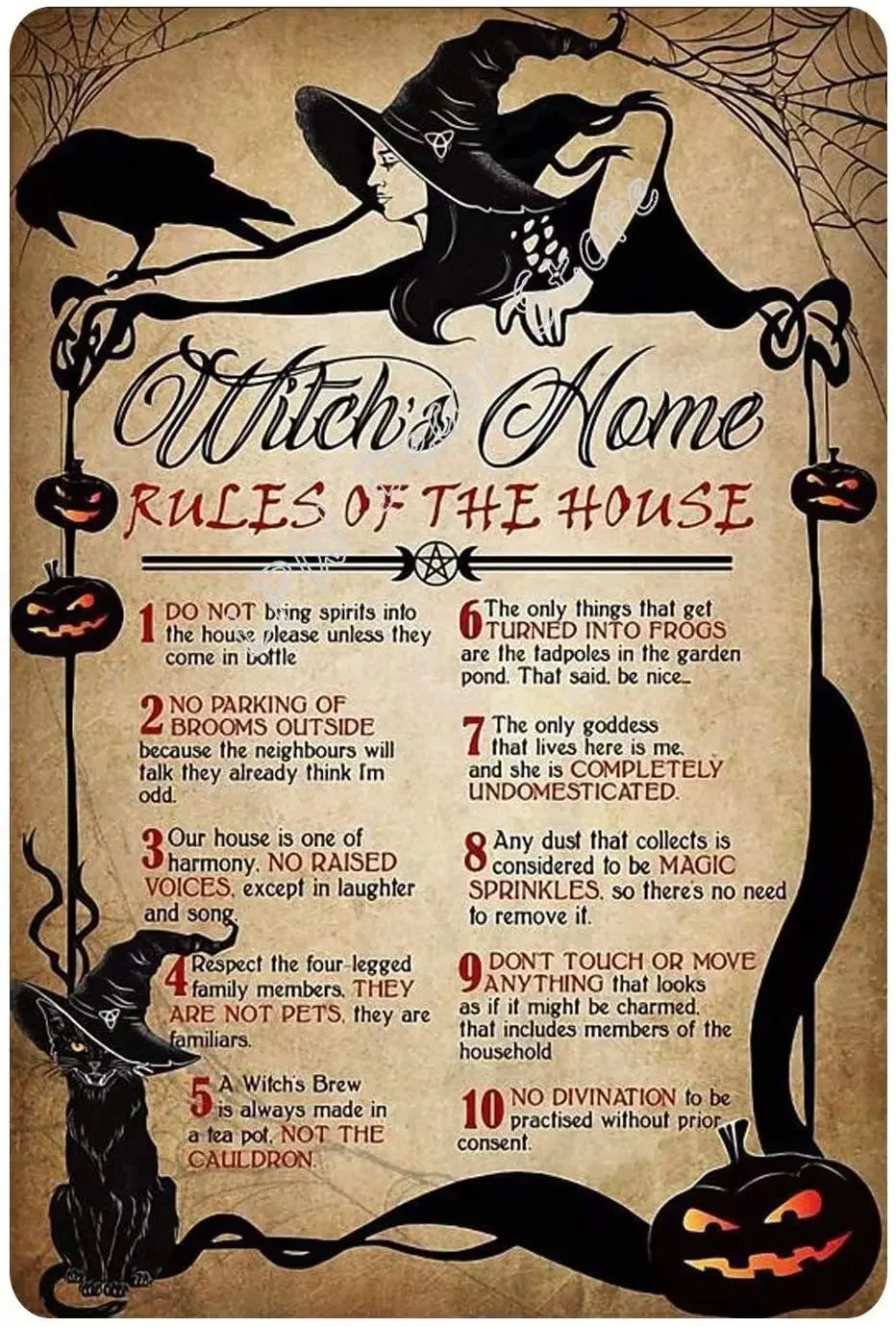 Witch Home Rules Of The House -Metal Tin Sign, Witch, Crow, Black Cat Retro Pictorial Halloween Tin Sign, Shop, Bar Decoration