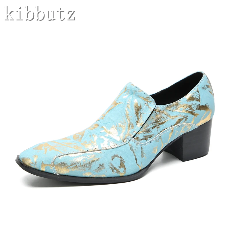 Luxury Handmade Light Blue Gilt Leather Shoes Men's Fashion Loafers Banquet Show Party Dress Square Toe High Heel Shoes