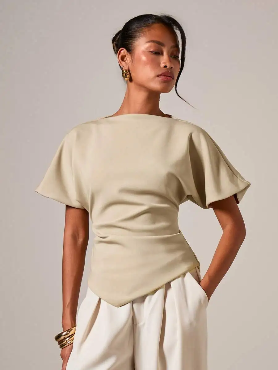 

Women's Ruched Round Neck Short Sleeve Blouse, Loose Fit, Beige