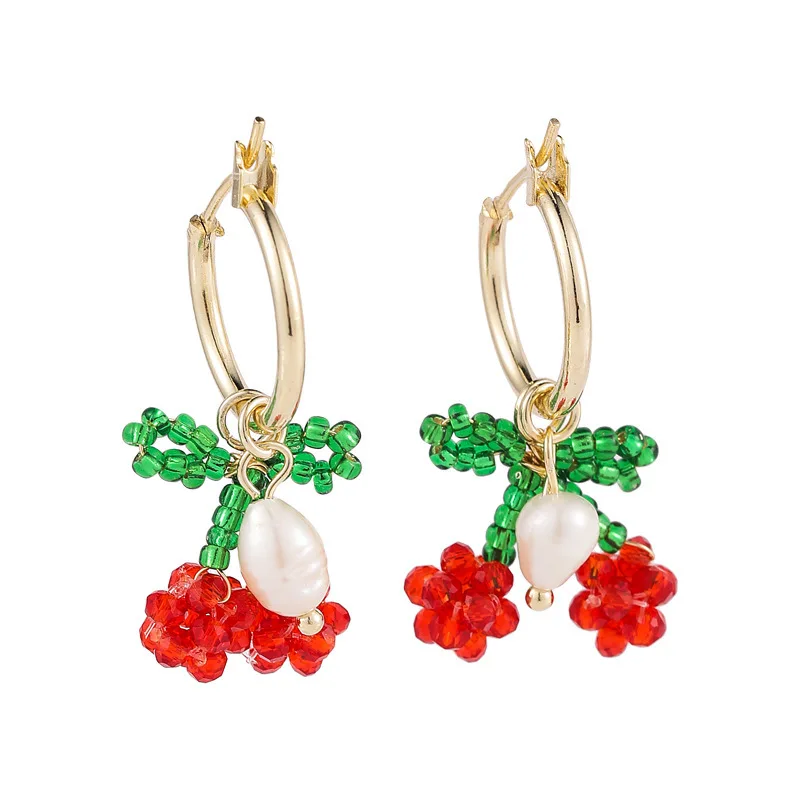 Korean Sweet Handmade Beads Cherry Earrings for Women Girls Gold Color Alloy Orange Lemon Drop Earrings Statement Party Jewelry