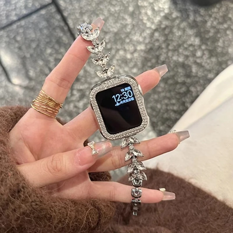 Luxuriöses, schmales Armband mit Diamantbesatz für Apple Watch, 44 mm, 45 mm, 46 mm, 49 mm, 41 mm, 40 mm, 42 mm, 38 mm, passend für die iWatch-Serie 12, 11, 10, 9, Ultra, 8, 7, 6, 5.