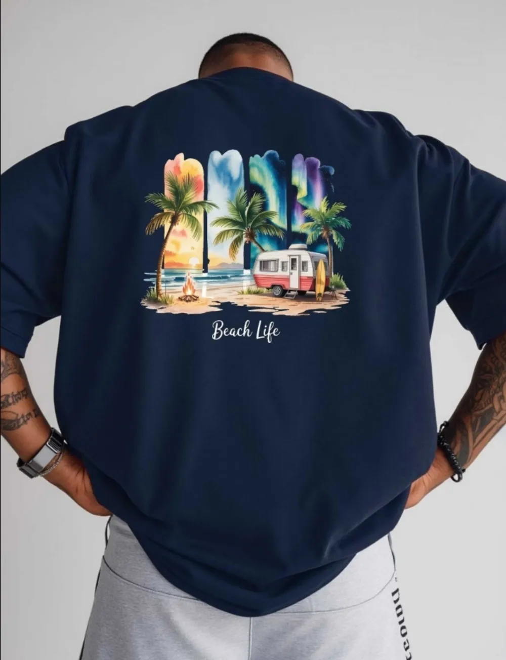 Fashionable new men's summer beach scenery letter print micro elastic breathable round neck tshirt outdoor urban casual top