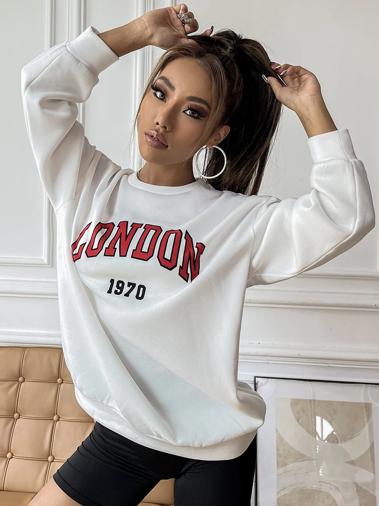 London 1970 Simple Letter Print Women Sportswear Comfortable Fleece Long Sleeves Vintage Fashion Tops All-math Soft Woman Hoodie