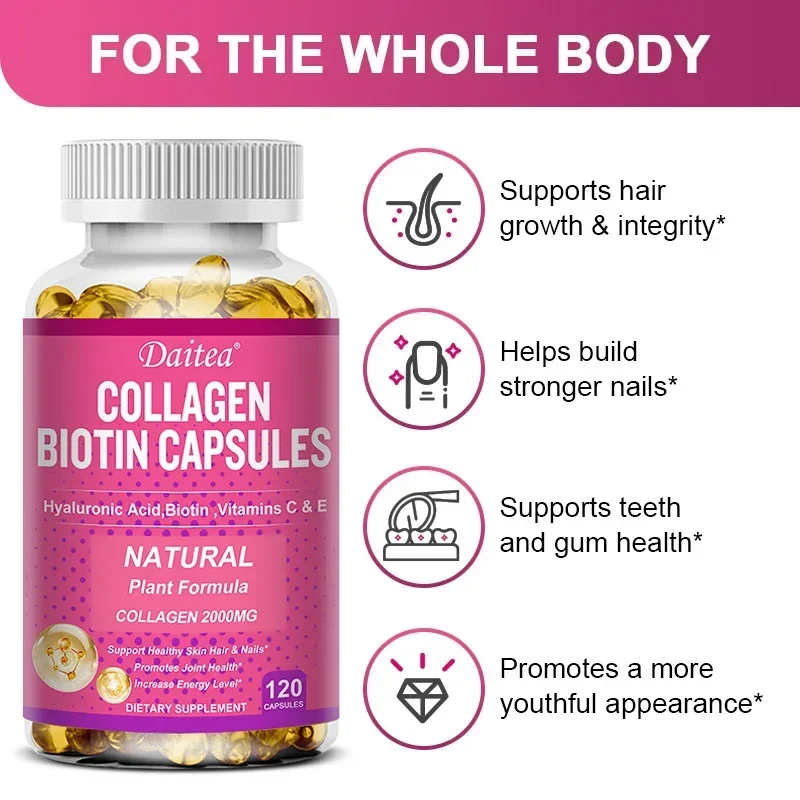 Collagen Biotin Supplement - Kwas hialuronowy Biotyna Witamina C E - Włosy Skóra Paznokcie Wsparcie stawów i wzmocnienie energii Kapsułki wegańskie