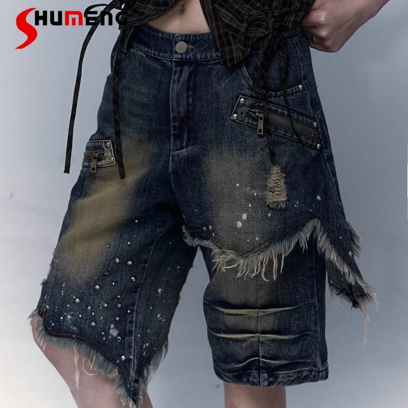 

American Retro Original Design Punk Streetwear Shorts Washed Old Worn Wide-leg Jeans Five-point Medium Denim Pants Women Clothes
