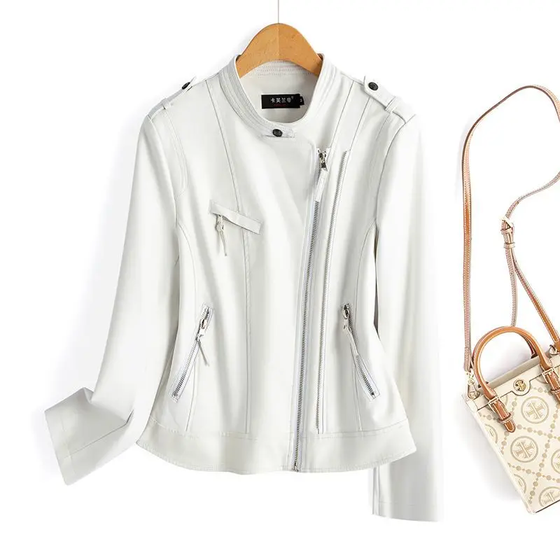 แจ็คเก็ตหนังสตรีทแวร์ปี 2025 เสื้อโค้ทสั้นผู้หญิง ฤดูใบไม้ผลิ ฤดูใบไม้ร่วง ซิปคอตั้งทรงเข้ารูป เสื้อแจ็คเก็ตหนัง PU สไตล์โมโต