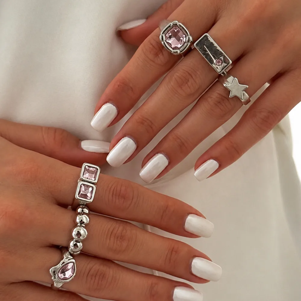 SHIXIN 6Pcs/set Exquisite Sweet Inlaid Pink Glass Diamond Ring Trendy Geometric Metal Stacked Silver Color Ring Y2K Jewelry Gift