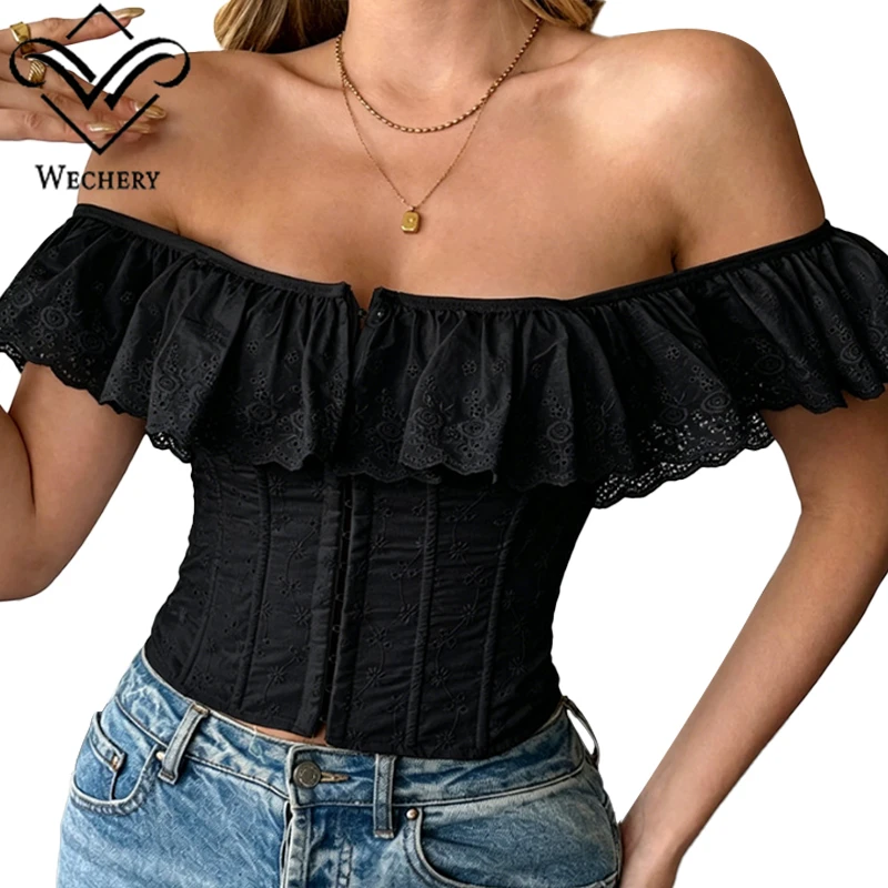 Women Off Shoulder Corset Top Ruffle Lace Bustier Vintage Lace Up Back Waist Slimming Body Shaper Party Clubwear Crop Top - view 5