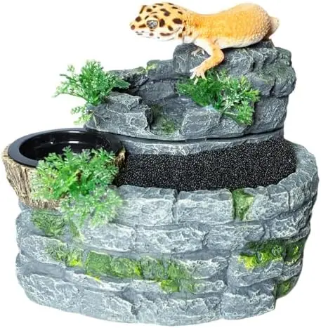 

500ML Reptile Waterfall Fountain with Feeding Bowl – Natural Resin Flowing Water Dispenser for Bearded Dragons, Geckos & Lizards