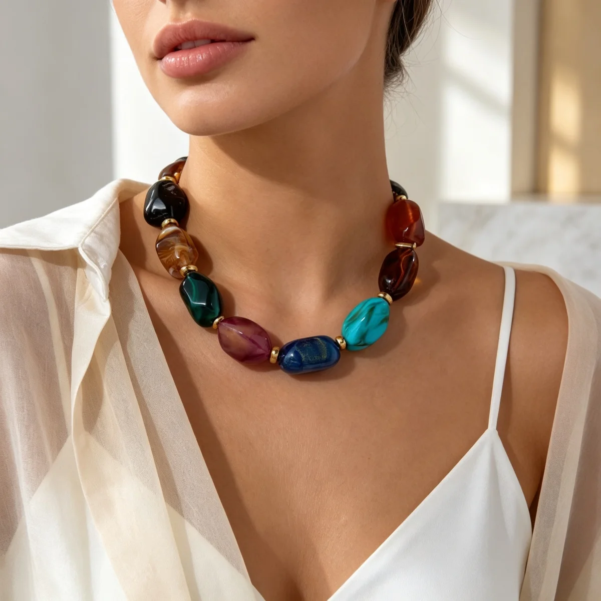 Klobige Unregelmäßige Acryl-Perlenkette für Damen und Herren, Bunte Imitations-Natursteinperlen-Halskette, Vintage-Punk-Schmuck – Detail 10