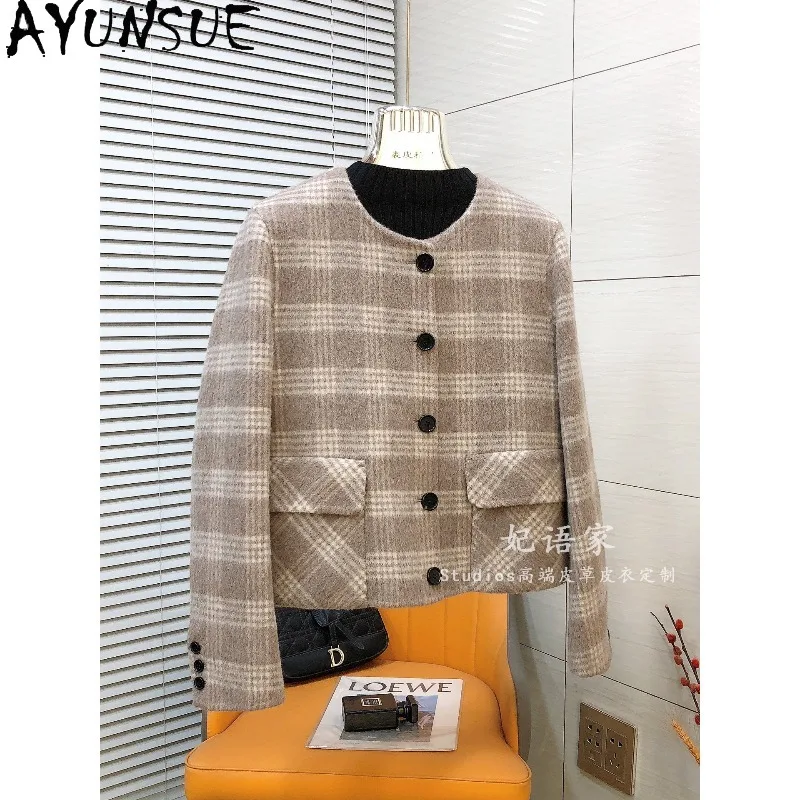 AYUNSUE Women's 100% Wool Coat Fashion Short Commuter Jackets for Woman O-neck Double-sided Woolen Jacket Woman Clothes Casaco