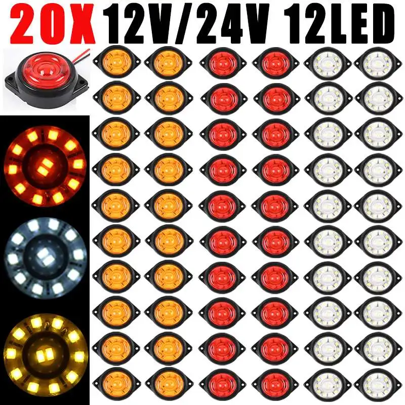 

20PCS Universal Side Marker Lights 12V 24V Warning Light for Truck Trailer BUS Van Caravan 12LED Safety Indicator Signal Lamp