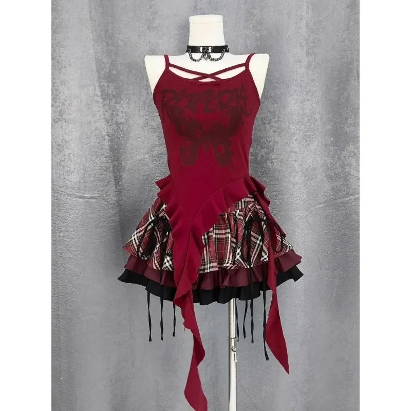 Spice Girl Fashion Design Suit Summer New Subculture Black Smock Irregular Y2k Suspender Plaid Puffy Skirt Three-Piece Set 2025 image 3