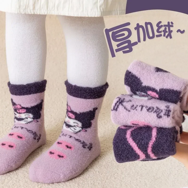 

3pcs Kuromi Anime Kawaii Children Soft Socks Sanrio Ins Cute Cartoon Thick Warm Winter Stocking Lovely Gifts for Kids