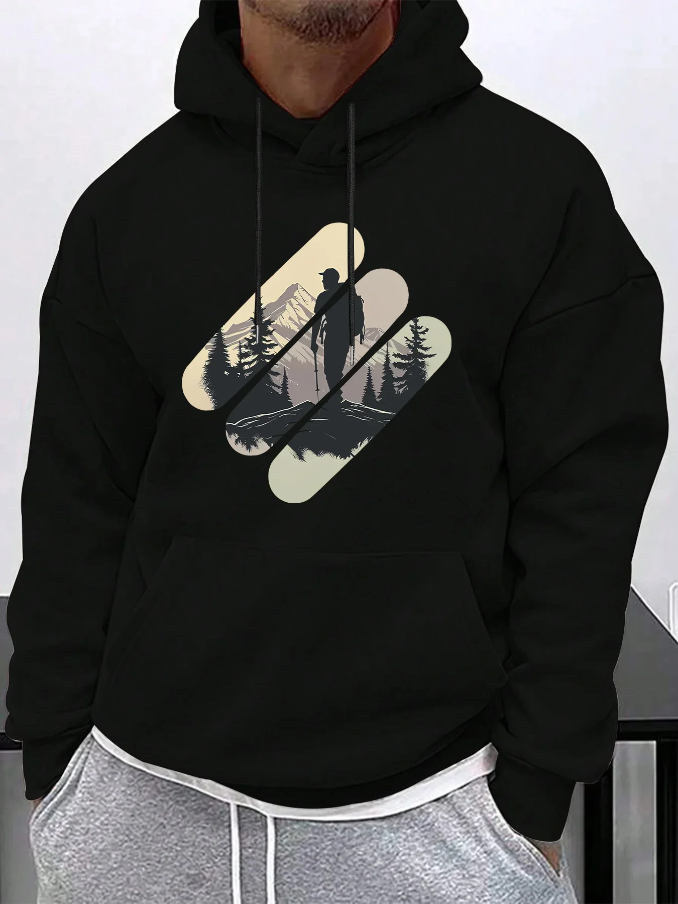 New men's and women's hoodies with hiking prints, featuring drawstrings and kangaroo pockets, fashionable for autumn and winter