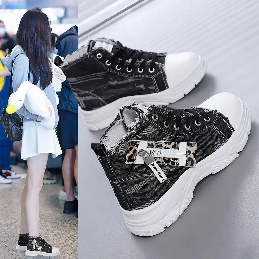 

Spring Autumn High Top Thick Bottom Canvas Shoes Women Casual Cross Laced Flat Heel Color Block Student Fashion Z006