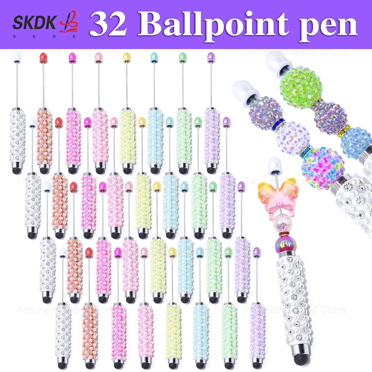 

32Pcs DIY Pearl & Rhinestone Bead Ballpoint Pen – Touchscreen Stylus & Bead Pen Gift for Students & Teens