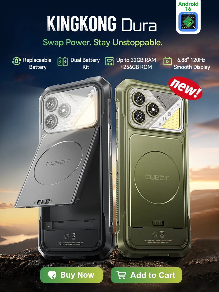 Wytrzymały telefony smartfony Android 16 Cubot KingKong Dura, podwójna wymienna bateria, do 32 GB (12 + 20 GB) pamięci RAM + 256 GB pamięci ROM, ekran 6,88" 120 Hz, wodoodporność