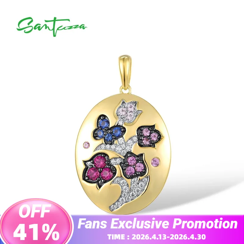 

SANTUZZA 925 Sterling Silver Flower & Butterfly Pendant For Women Created Ruby/ Pink Sapphire White Cubic Zirconia Fine Jewelry