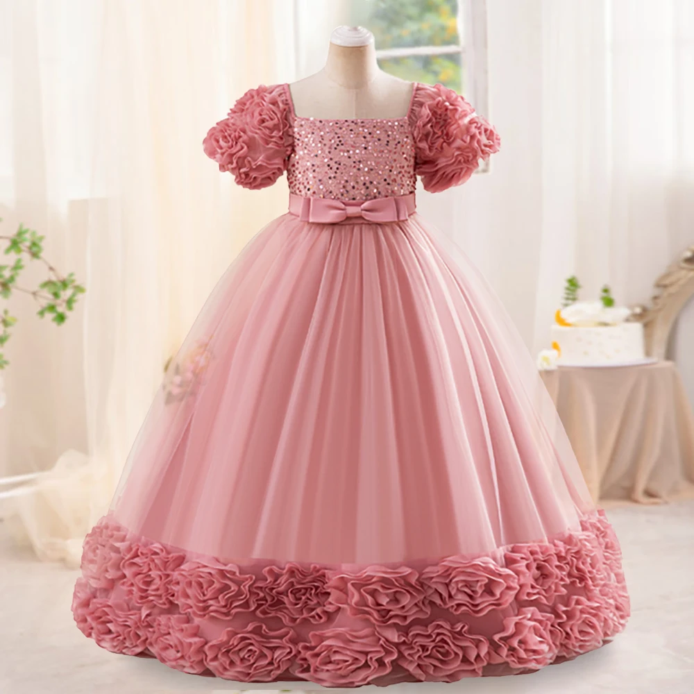 Flower Girl Princess Dress Elegant Teen Kids Clothes Children Birthday Party Long Formal Gown Luxury Bridesmaid Evening Dress