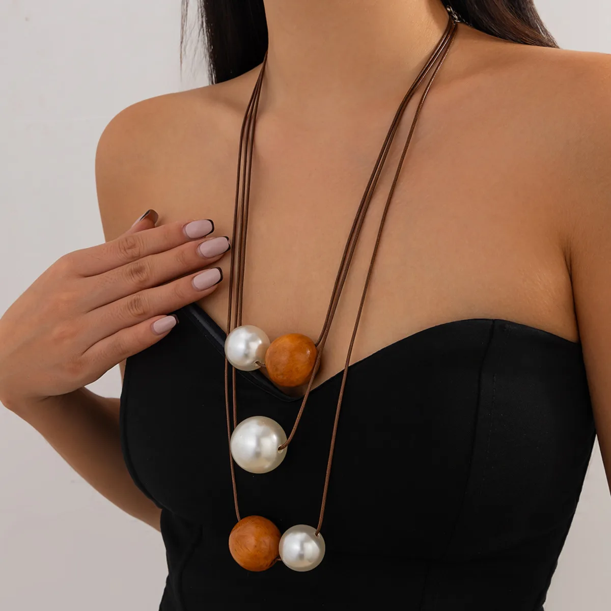 IngeSight.Z Unique Design Big Imitation Pearl Wooden Beads Pendant Women Necklace Set Trend Retro Leather Wax Rope Chain Jewelry