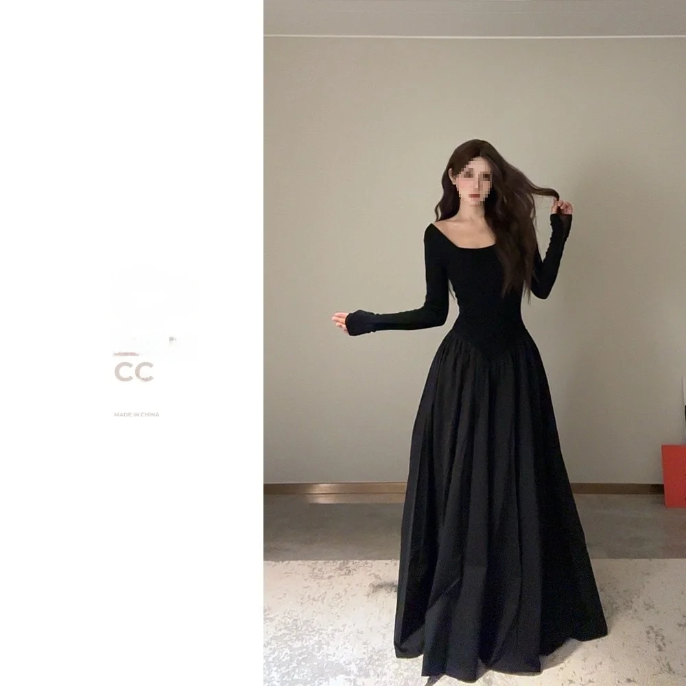 فستان أسود على الطراز الفرنسي بأكمام طويلة وياقة مربعة للنساء بخصر عالٍ للتخسيس فستان طويل مقاس كبير فني عتيق