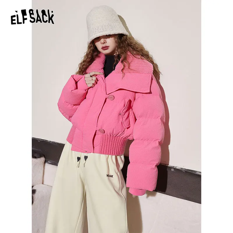 ELFSACK Pink Lapel Warm Down Coats Women 2023 Winter Loose Short Casual Outwears