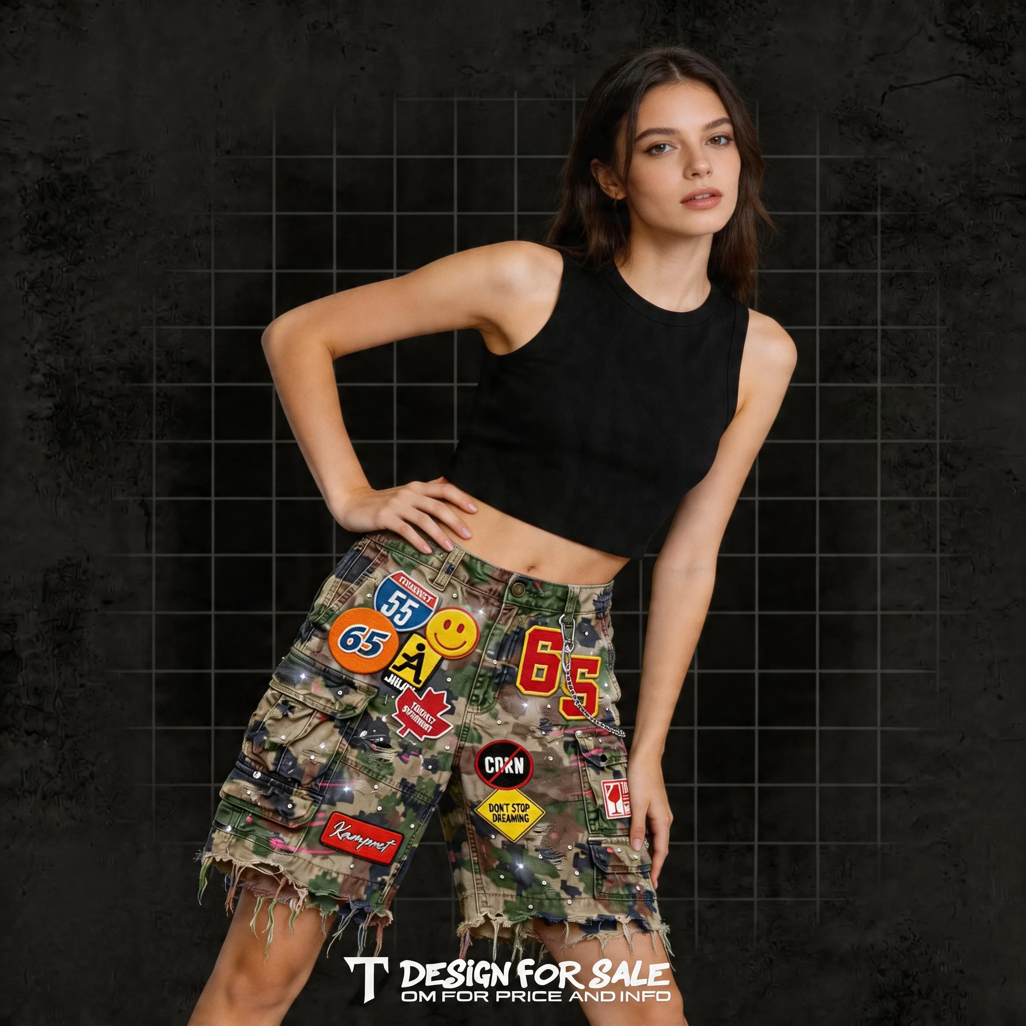 Camouflage Patchwork Denim Short Y2k Jeans Women Hip Hop Cartoon Graphics Loose Retro Streetwear Denim Fitness Casual Shorts