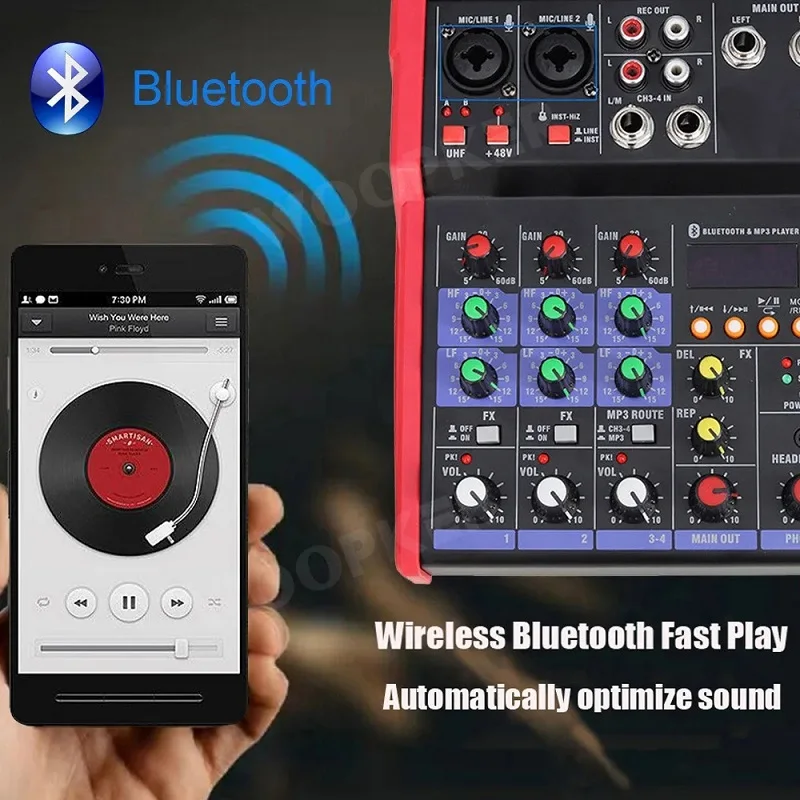 Mini Dj Mixer with UHF Wireless Microphone 4 Channel Four-Channel Audio Bluetooth USB 48V Phantom Power Suitable Recording