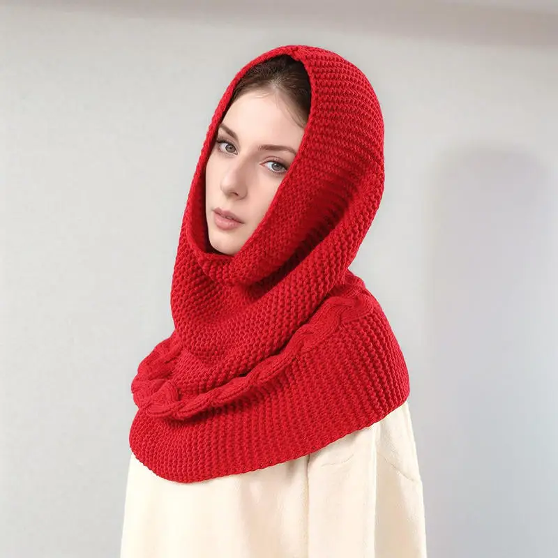 

Versatile Hooded Knitted Scarf Winter Cap Neck Warmer Cowl Circle Collar Scarves Solid Color Dual Use Shawl Scarf Outwear Decor