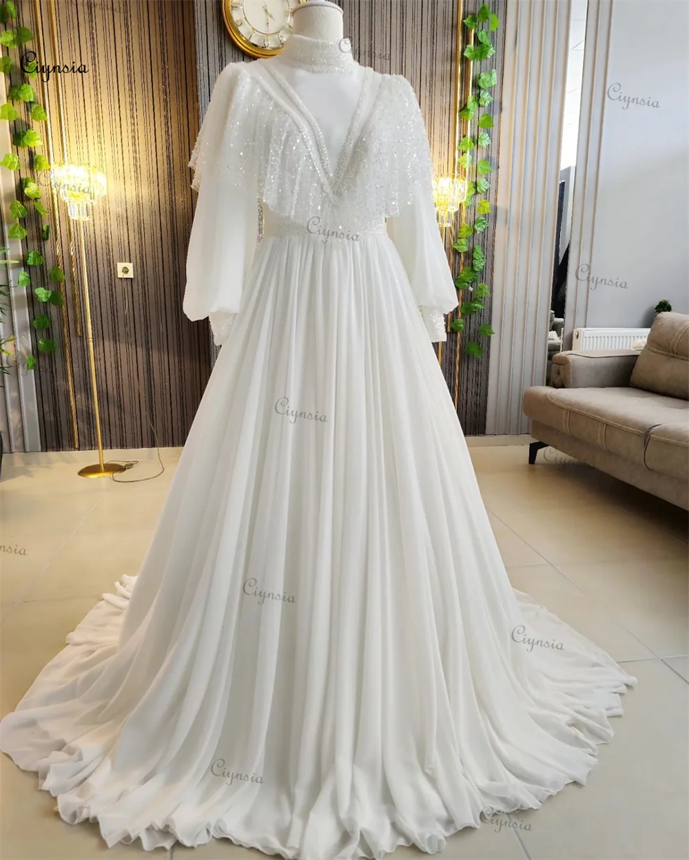 

Ciynsia Vintage A-Line Princess Wedding Dresses for Women Beading Chiffon Boho Bride Dress Full Sleeves Trouwjurk Robe De Mariee