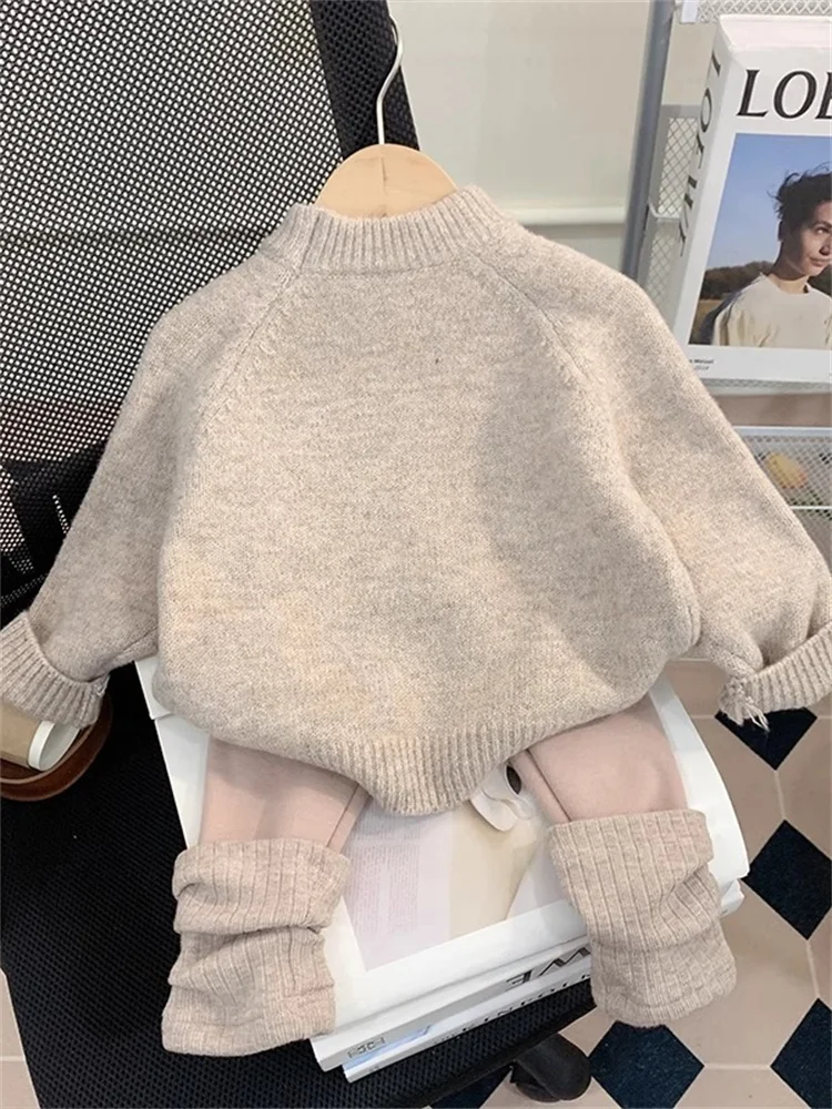 Girls Knitted Sweater Autumn Winter Thiened Children's Knitwear Faionable Baby Base irt Commute Sle Silk Material