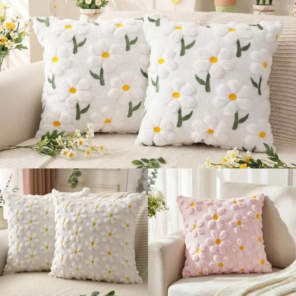 New Embroidery Daisy Spring Pillow Covers Soft 18 x 18 Inch Pillow Cases Square Faux Fur Pillow Covers Home Sofa Decor