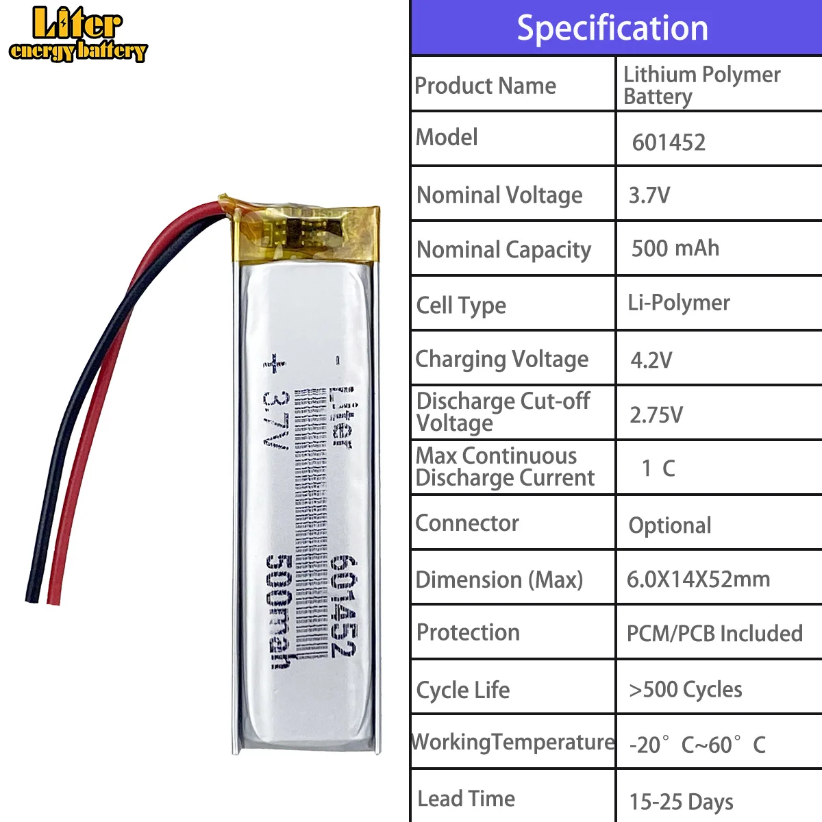601235 300mah 601452 500mah 601520 150mah 601535 280mah 601646 450mah3.7V polymer lithium battery