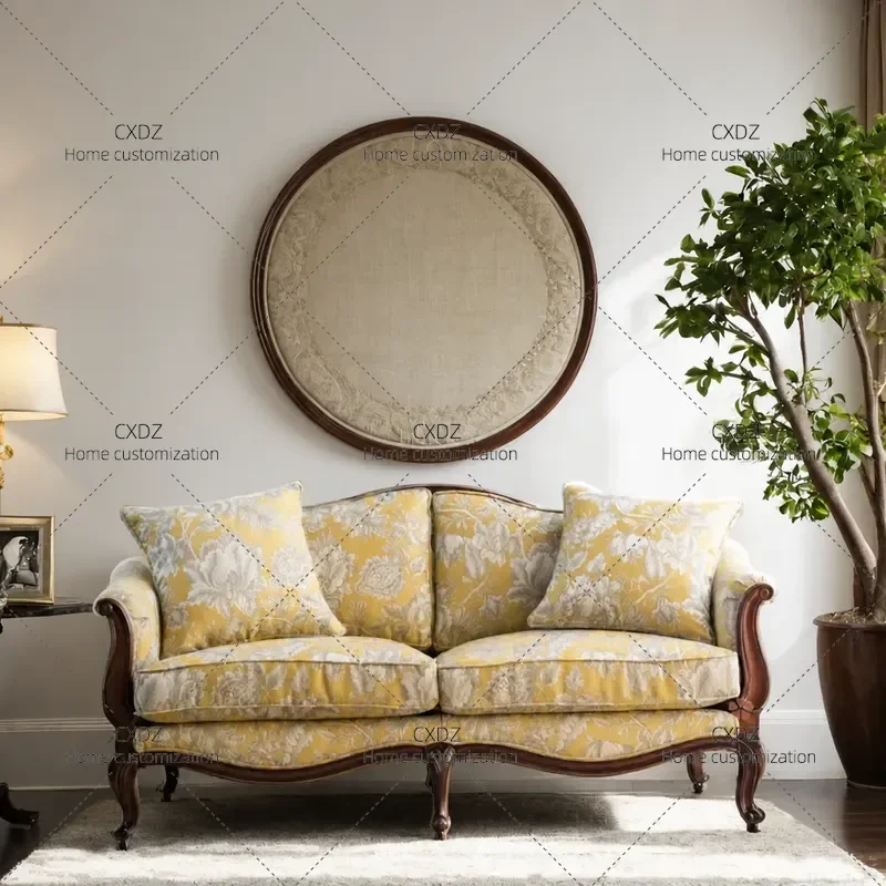 Retro Solid Wood Fabric Living Room Sofa Set for Small Apartment British Style Villa Double Sofa Chair