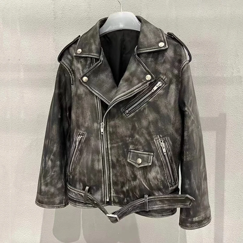 Genuine Leather Jacket Women Coat Spring 2023 New Fashion Locomotive Model Style Color Polishing Process Turn-Down Collar