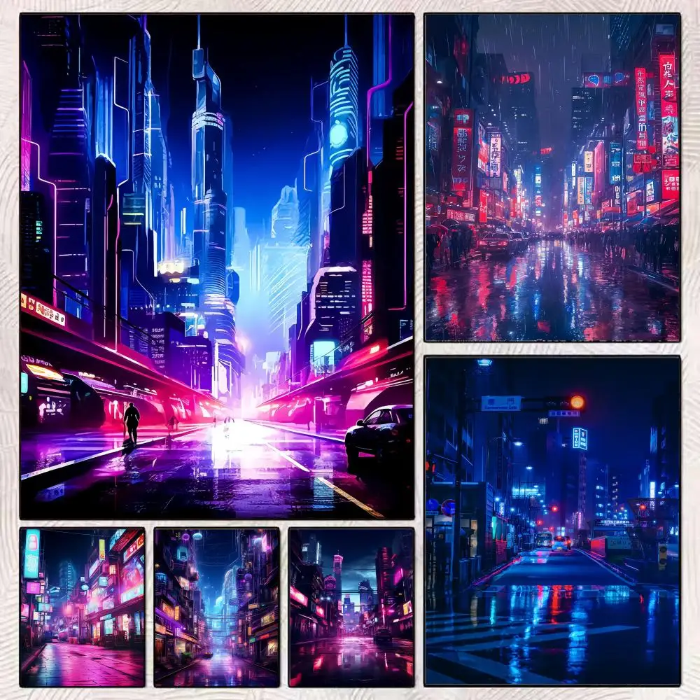 Póster artístico en lienzo de algodón premium con pintura callejera futurista de neón de Tokio, Japón, para decoración de pared elegante y moderna