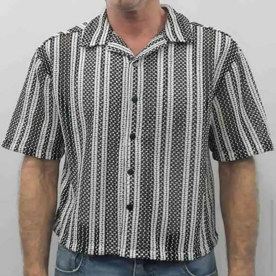 Men's Shirt Men's Summer New Fashion Striped Short Sleeve Loose Casual Mesh Hollow Shirt
