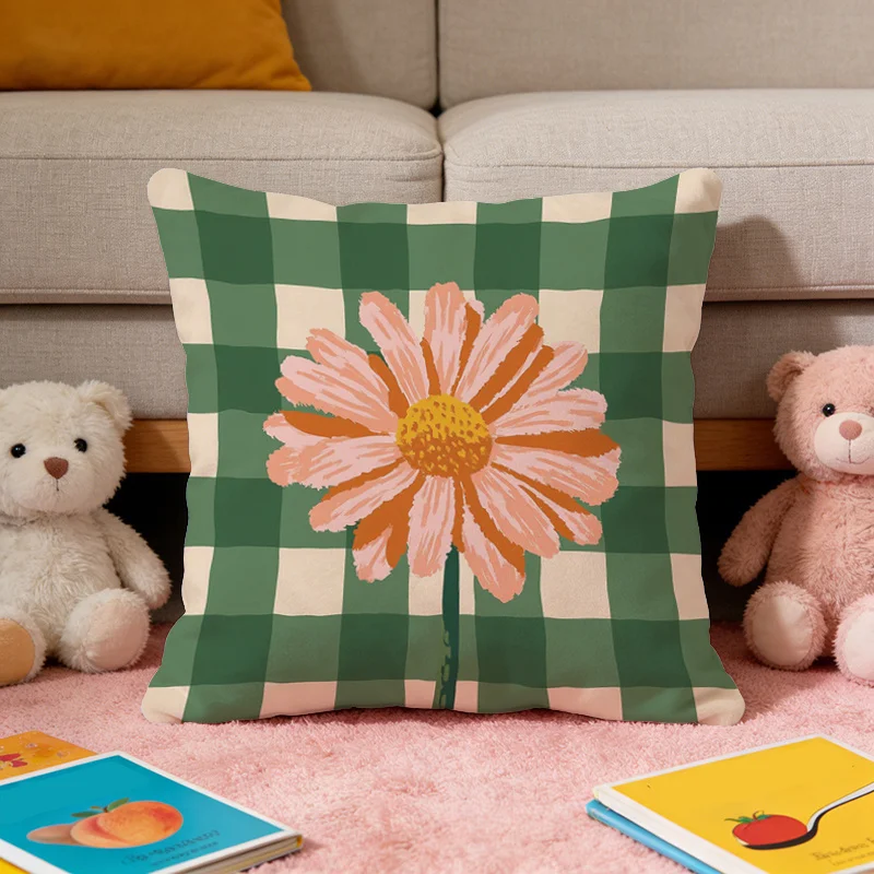 Boho Grüner Gingham Gänseblümchen Kissenbezug Vintage Karierter Blumendruck Dekorativer Kissenbezug für Landhaus-Dekor